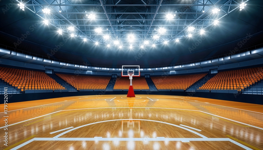 Obraz premium Illuminated indoor basketball arena showcasing polished wooden court and empty orange seats under bright stadium lights creating energetic competitive atmosphere