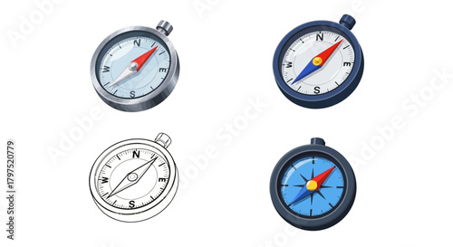 Set of diverse compass icons illustrating navigation, direction, and adventure concepts for graphic design and application interfaces
