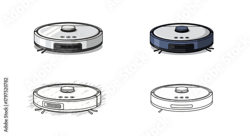 Set of Robotic Vacuum Cleaner Illustrations in Color and Sketch Style