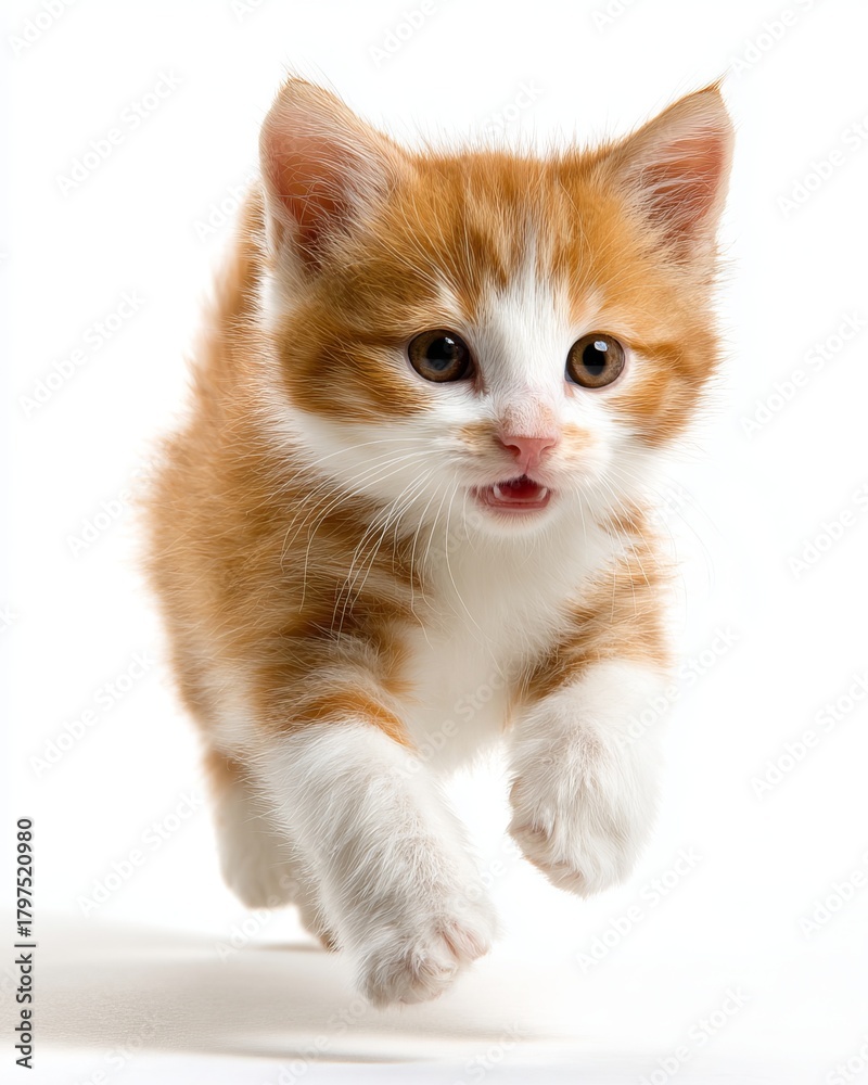 Obraz premium Orange and white kitten running forward Keywords: kitten, cat, animal, pet, orange, white