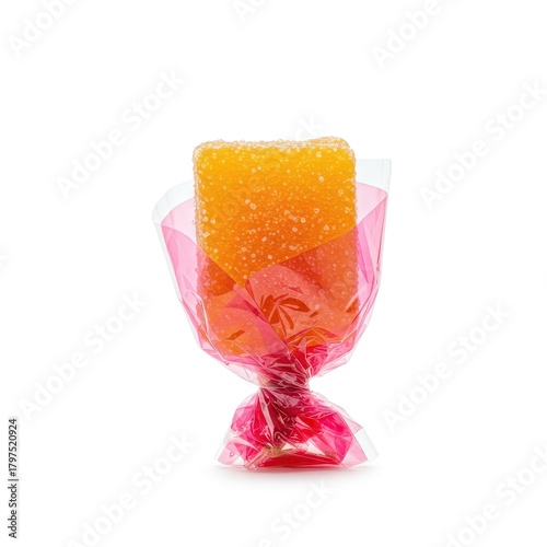 A vibrant piece of sugary confectionery, tightly wrapped in crinkled colorful cellophane, displayed alone against a pure white background ,delicious ,craving ,dessert