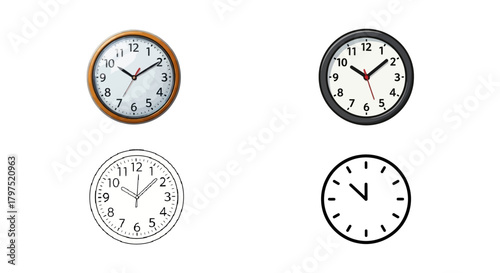 Set of wall clocks in different styles including realistic color, line art, and a simple icon. Vector illustration of classic timepieces isolated on a white background