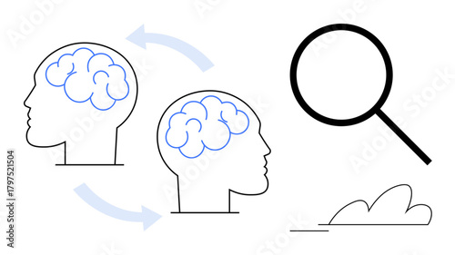 Two human heads with outlined brains connected by arrows alongside a magnifying glass over a surface. Ideal for research, brainstorming, problem-solving, science, innovation, knowledge, teamwork