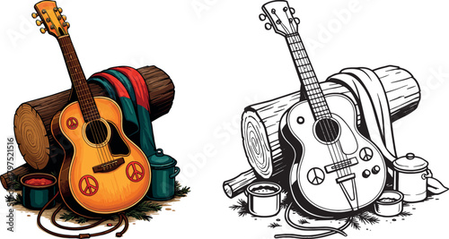 Acoustic guitar with peace symbols, camping gear, logs, pots and blanket in color and black outline