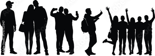 Silhouette illustration of diverse people posing, celebrating, taking photos and expressing cheerful emotions representing modern social lifestyle, friendship and group activities