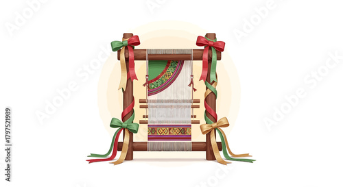 Traditional wooden loom with partially woven fabric featuring intricate patterns, adorned with festive red and green ribbons.