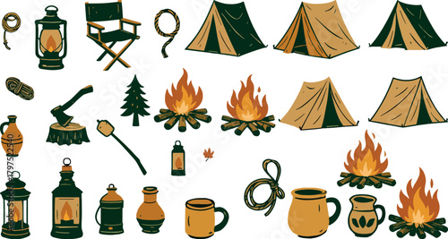 Camping gear and campfire icon set with tents, lanterns, mugs, tools, ropes, trees, and outdoor elements