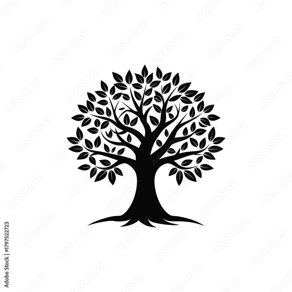 Obraz premium Black silhouette of a stylized tree with leaves and roots isolated on white background
