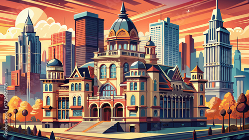 Foto Very beautiful sketch of an ornate Victorian building nestled among modern skysc