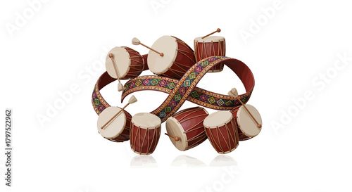 A collection of traditional drums with sticks and a decorative ribbon, isolated on white.