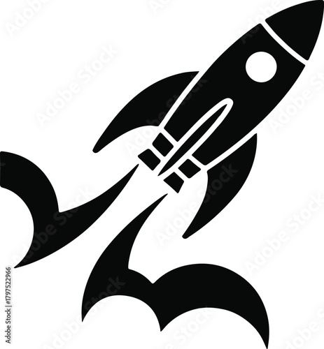 Vector black rocket ship blasting off with fiery trails