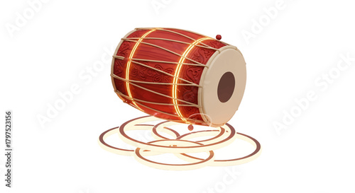 A red and tan dholak drum with gold accents sits on a white background.