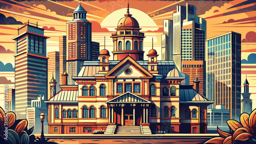 Very beautiful sketch of an ornate Victorian building nestled among modern skyscrapers, bathed in warm sunlight, highlighting intricate architectural details and the contrast between historic charm 