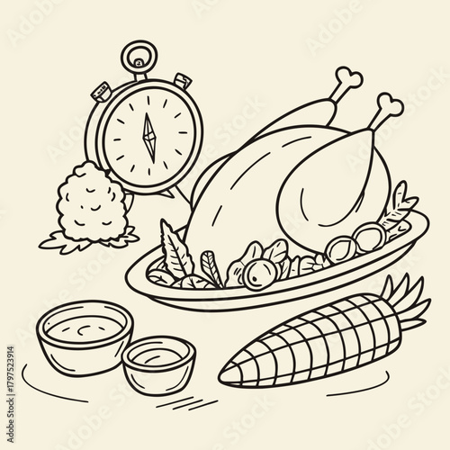 Illustration of a thanksgiving turkey dinner with a timer