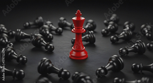 Unstoppable Leadership and Victory: Red King Chess Piece Standing Triumphant Over Fallen Pawns Concept of Strength, Resilience, and Business Success Representing the Sole Survivor in Competition