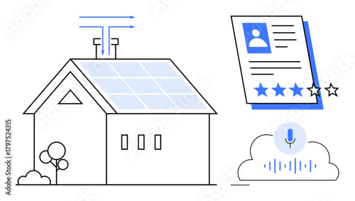 House with solar panels, voice assistant in cloud, rating profile. Ideal for technology, sustainability, green energy, automation, innovation smart systems digital lifestyle themes. Simple flat