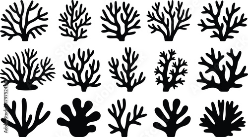 Coral silhouette, marine shape collection, black ocean icons, underwater graphic design, reef structure art, sea life symbol, aquatic illustration