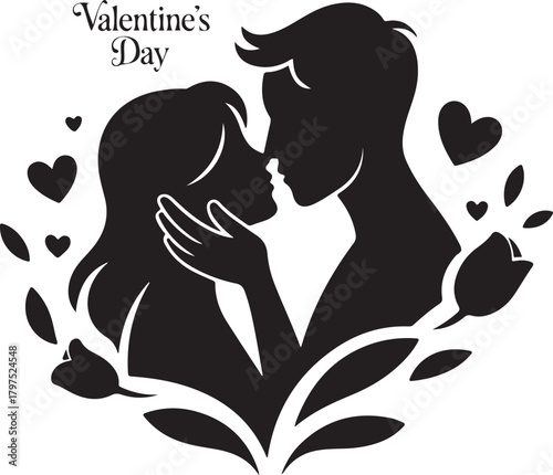 Vector silhouette couple kissing with valentines day text and hearts
