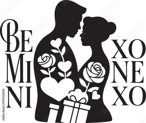 Vector silhouette couple with gift and roses, be mine xo text