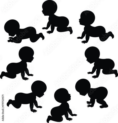 Crawling baby silhouette, infant pose collection, black motion icons, toddler movement design, child activity artwork, playful gesture, nursery illustration