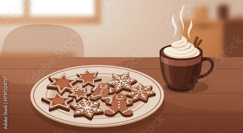 Indulge in the warmth of holiday cheer. Gingerbread cookies and hot chocolate create a cozy, inviting atmosphere perfect for Christmas celebrations at home.
