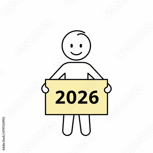 A simple line drawing of a smiling person holding a yellow sign with the year 2026, symbolizing future planning, new year's goals, and upcoming events