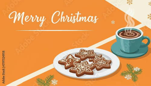 Christmas cocoa with star-shaped gingerbread, evokes warmth and festive cheer. Use for greeting cards, holiday promotions, and winter-themed designs. Perfect for seasonal greetings.