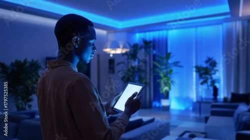 Smart Lighting (Color Change)Dynamic shot of a young person (Mixed Race) using an app on a tablet to change the color of the smart lighting in their living room.