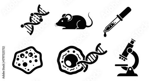 Explore modern science with DNA, cells, microscope, and lab mouse icons, perfect for educational and medical content, sparking curiosity and discovery