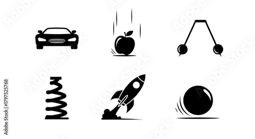 Explore physics principles like gravity, motion, and force with these simple black icons, perfect for education, science, or technology projects