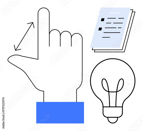 Hand gesturing scale next to a light bulb and stacked documents symbolizing creativity, ideas, learning, and innovation. Ideal for education, problem-solving, brainstorming, presentations, business