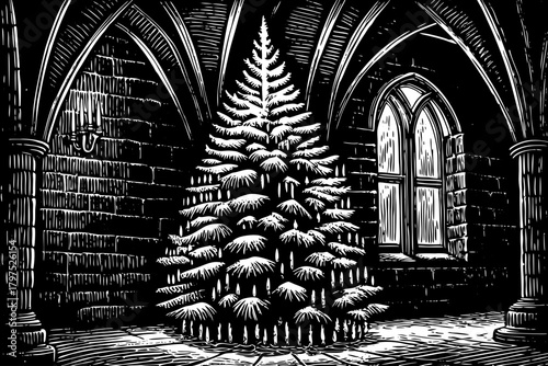 tall Christmas tree decorated with candles stands inside a stone castle hall with wooden beams and historic ambiance