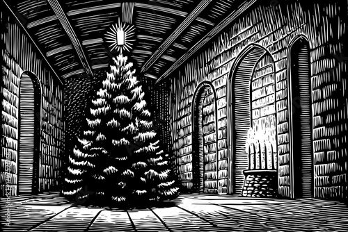 tall Christmas tree decorated with candles stands inside a stone castle hall with wooden beams and historic ambiance