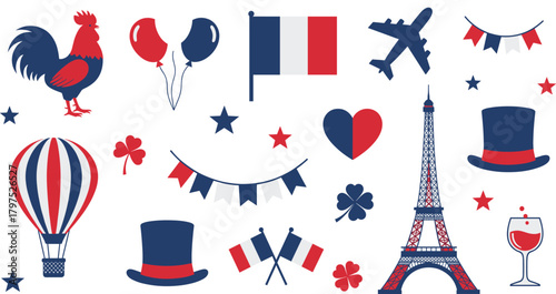 Set of French National Symbols and Decorative Elements in Red, White, and Blue Colors, Including Eiffel Tower, Flag, Rooster, and Garland for Bastille Day or Travel Vector