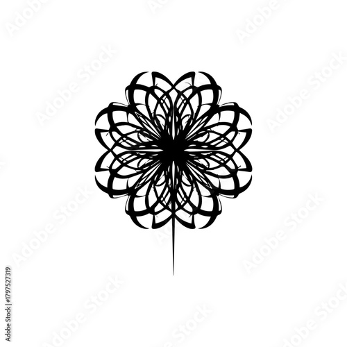 Abstract black floral design isolated on white background with intricate petals
