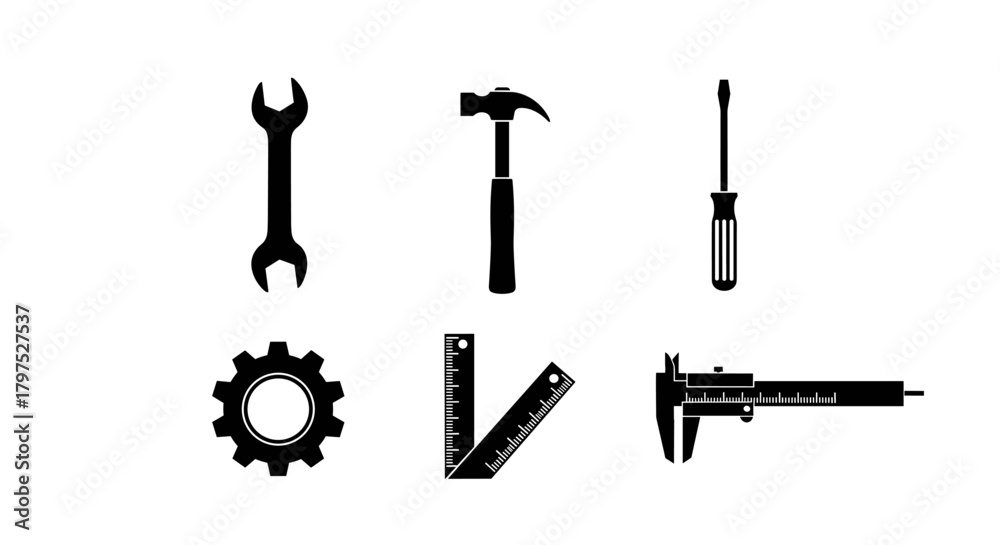 Obraz premium Handyman tools for home improvement projects, ensuring accuracy and efficiency with wrench, hammer, screwdriver, gear, ruler, and caliper