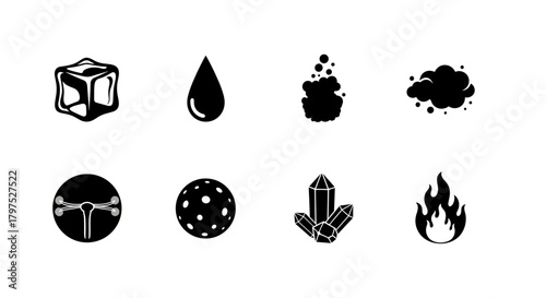 Elemental icons set for magical designs a collection of symbols representing ice, water, earth, air, and fire in a minimalist black and white style