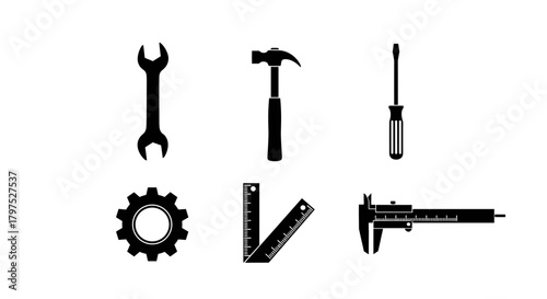 Handyman tools for home improvement projects, ensuring accuracy and efficiency with wrench, hammer, screwdriver, gear, ruler, and caliper