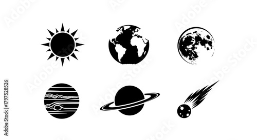Explore the cosmos with this cool black and white planet set, ideal for science projects and graphic designs, celestial icons for creative projects