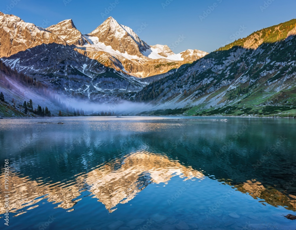 Fototapeta premium Tranquil Mountain Reflections: Majestic snow-capped peaks mirror in the still waters of a pristine lake, with a hint of morning mist clinging to the valley. Capturing the serenity and natural beauty.