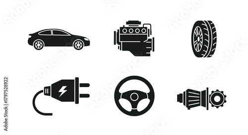 Auto parts and car components for repair or maintenance services, showcasing electric vehicle charging, engine, and steering concepts for automotive industry