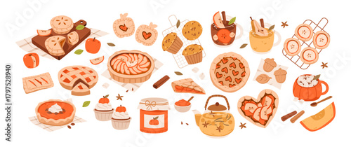 Autumn Baked Goods and Cozy Fall Treats. Flat vector illustration of various autumn desserts and drinks including pies, cookies, muffins, cider, and spices in warm seasonal colors.
