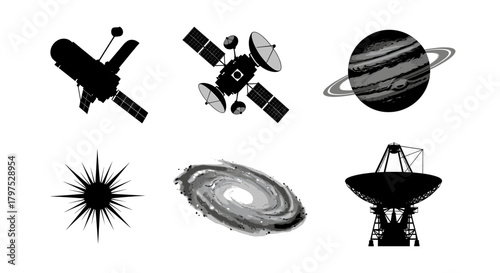 Explore the vast cosmos with this collection of celestial bodies and space technology, perfect for astronomy education and science fiction designs