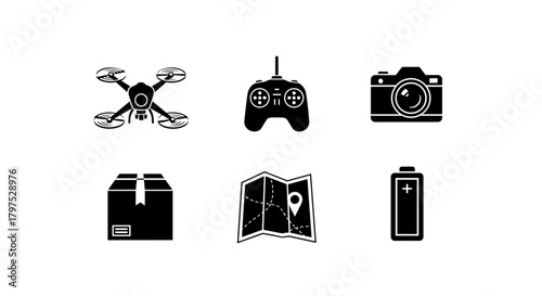 Drone delivery essentials set for modern logistics and e-commerce showing camera, map, controller and battery icons for innovative technology