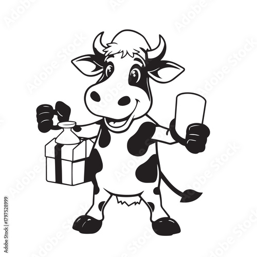 Cute cartoon cow holding a cup of milk vector illustration.