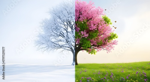 A single tree dramatically split in half visually representing the stark contrast between winter and spring seasons with snow and blooming flowers