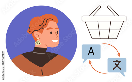 Person smiling near language exchange arrows and basket, representing multilingual e-commerce, translation tools, global shopping, cross-cultural marketing, and accessibility, simple flat metaphor