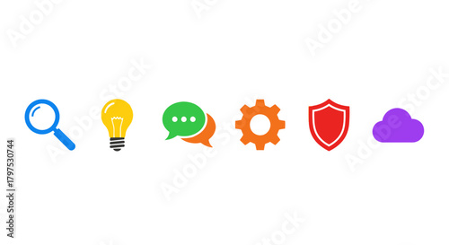 Colorful Icon Set Magnifying Glass, Lightbulb, Chat Bubbles, Gear, Shield, Cloud for Web Design