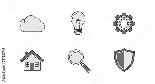 Set of six minimalist icons representing cloud, lightbulb, gear, house, magnifying glass, and shield