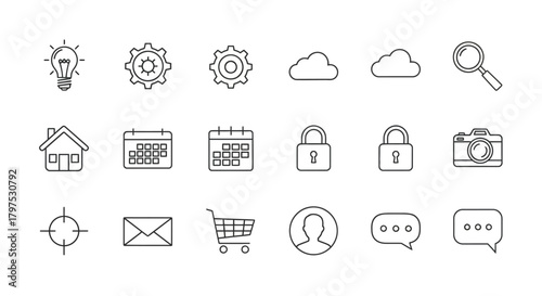 Minimalist outline icon pack featuring a collection of universal symbols for web design, communication, and e-commerce applications